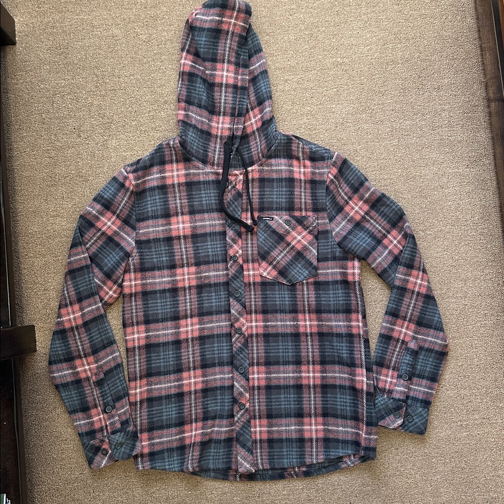 O'Neill Checkered Hooded flannel Shirt in muted Red and Gray size small,